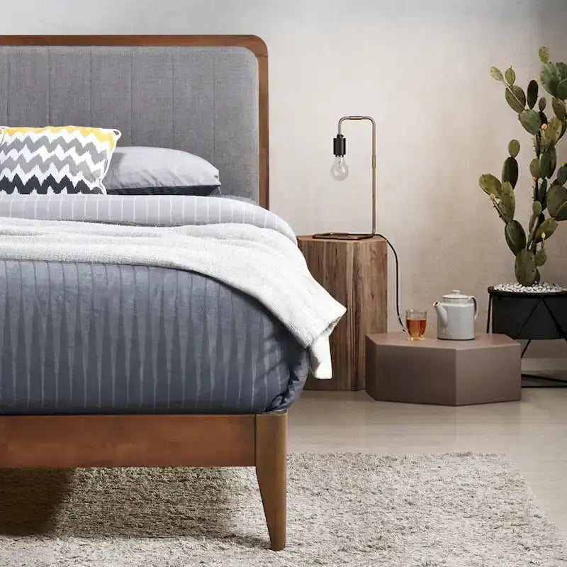 Raven Grey Upholstered Walnut Wood Queen Platform Bed Frame