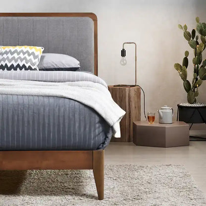 Raven Grey Upholstered Walnut Wood Queen Platform Bed Frame