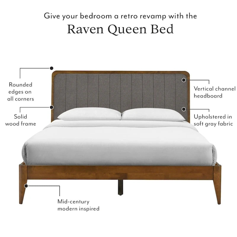 Raven Grey Upholstered Walnut Wood Queen Platform Bed Frame