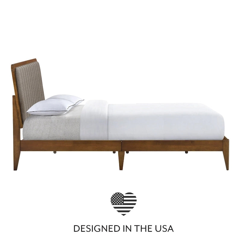 Raven Grey Upholstered Walnut Wood Queen Platform Bed Frame