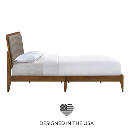 Raven Grey Upholstered Walnut Wood Queen Platform Bed Frame