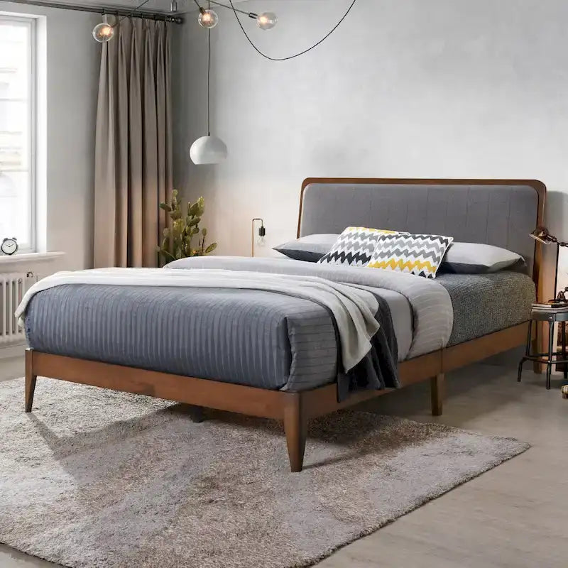 Raven Grey Upholstered Walnut Wood Queen Platform Bed Frame