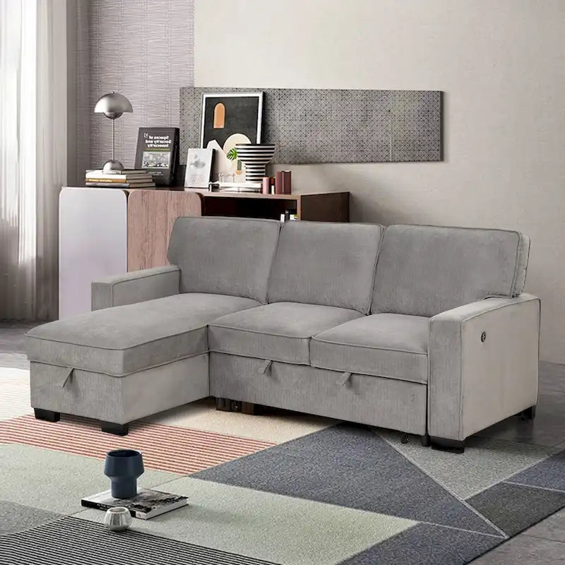 Pull Out Couch Futon Bed with USB Ports and Cup Holders ,Sectional Sofa with Storage Chaise