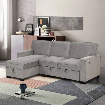 Pull Out Couch Futon Bed with USB Ports and Cup Holders ,Sectional Sofa with Storage Chaise