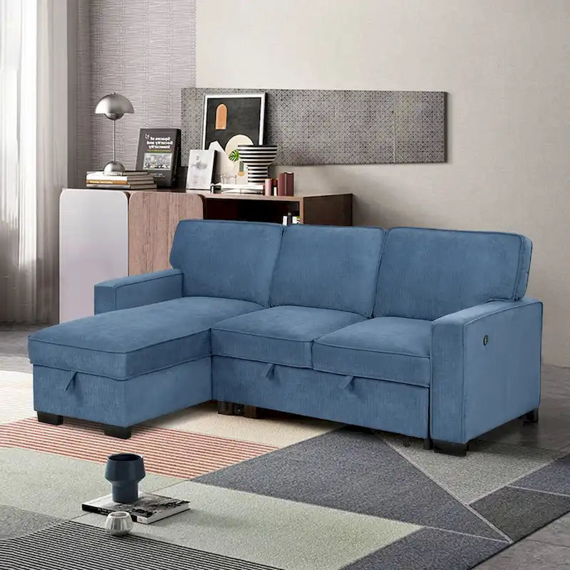 Pull Out Couch Futon Bed with USB Ports and Cup Holders ,Sectional Sofa with Storage Chaise