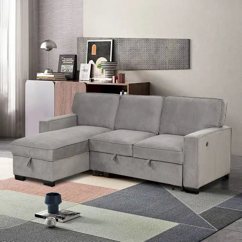 Pull Out Couch Futon Bed with USB Ports and Cup Holders ,Sectional Sofa with Storage Chaise