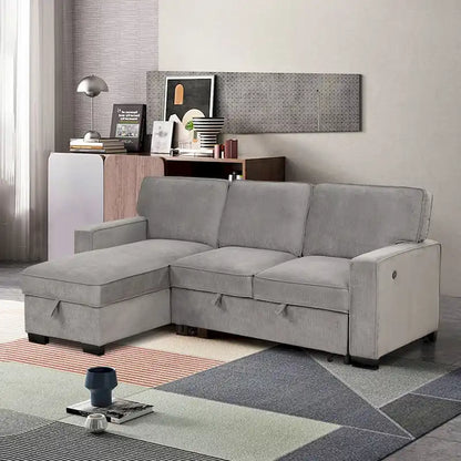 Pull Out Couch Futon Bed with USB Ports and Cup Holders ,Sectional Sofa with Storage Chaise