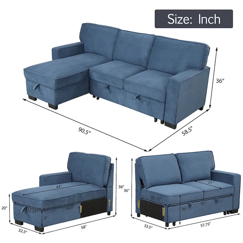 Pull Out Couch Futon Bed with USB Ports and Cup Holders ,Sectional Sofa with Storage Chaise