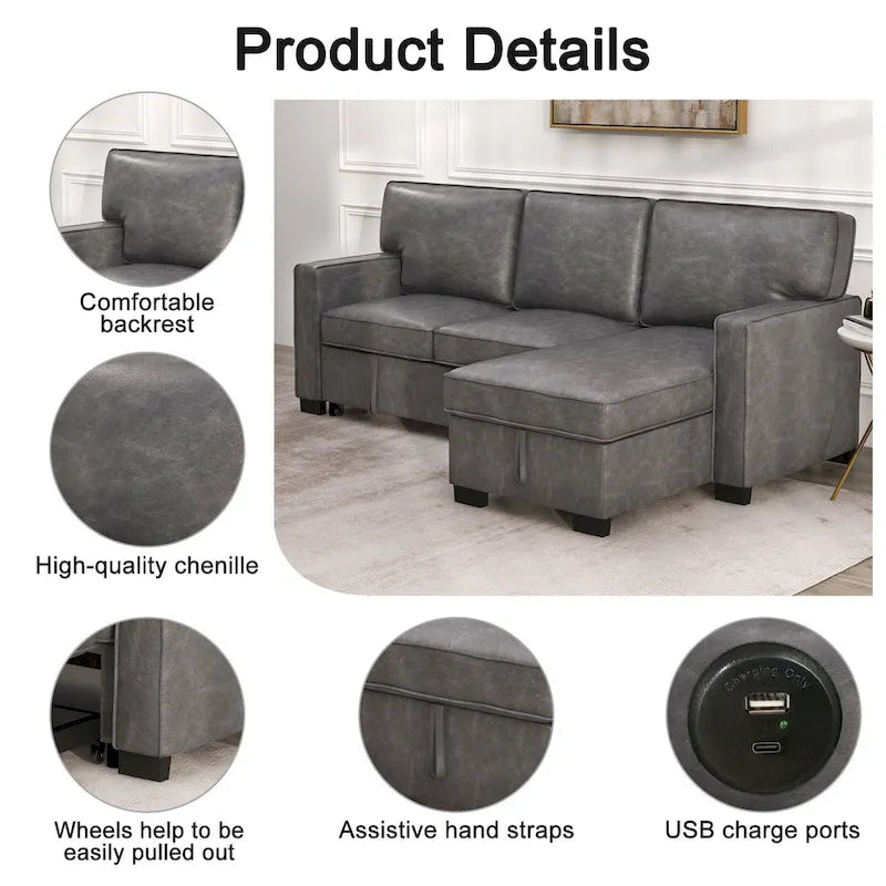 Pull Out Couch Futon Bed with USB Ports and Cup Holders ,Sectional Sofa with Storage Chaise