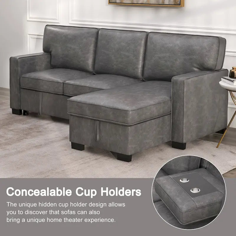 Pull Out Couch Futon Bed with USB Ports and Cup Holders ,Sectional Sofa with Storage Chaise