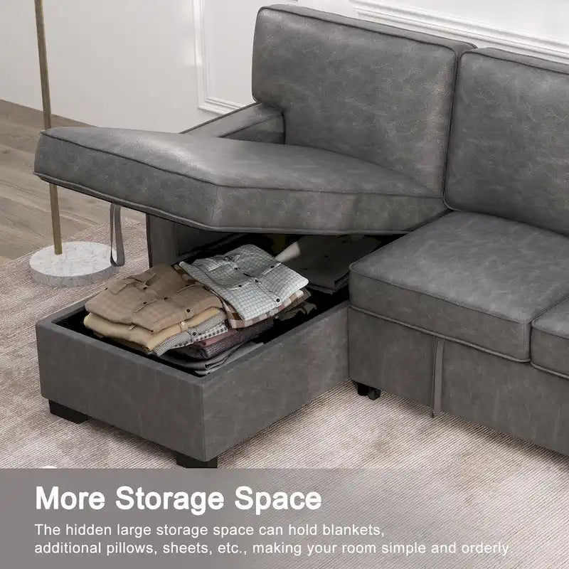 Pull Out Couch Futon Bed with USB Ports and Cup Holders ,Sectional Sofa with Storage Chaise