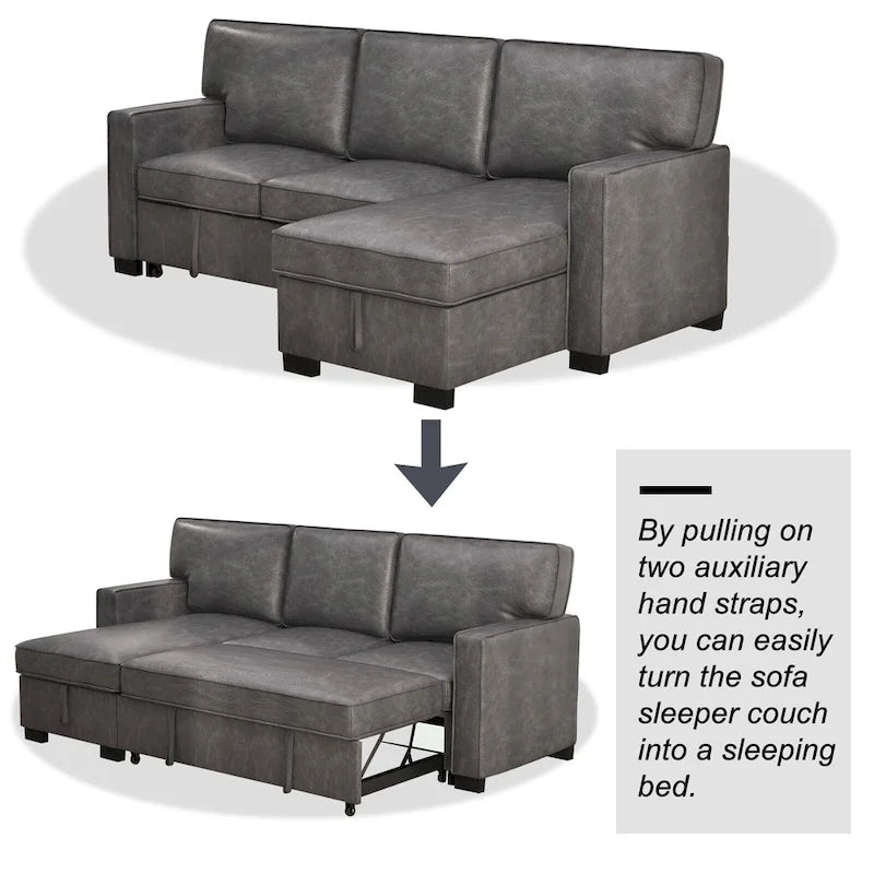 Pull Out Couch Futon Bed with USB Ports and Cup Holders ,Sectional Sofa with Storage Chaise