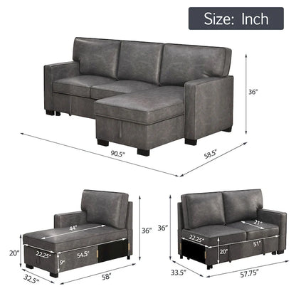 Pull Out Couch Futon Bed with USB Ports and Cup Holders ,Sectional Sofa with Storage Chaise