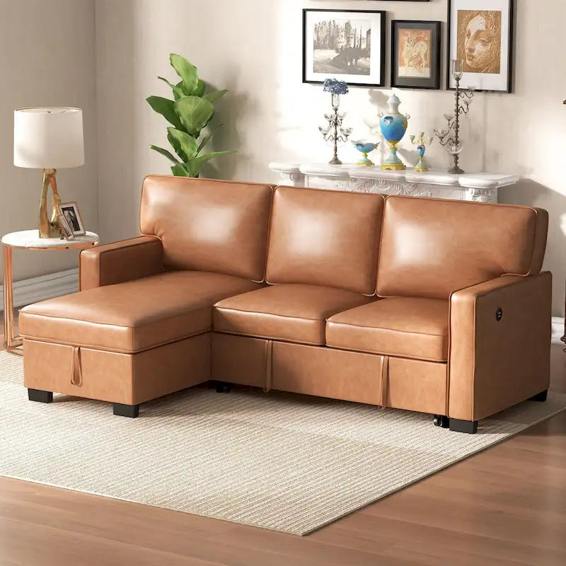 Pull Out Couch Futon Bed with USB Ports and Cup Holders ,Sectional Sofa with Storage Chaise