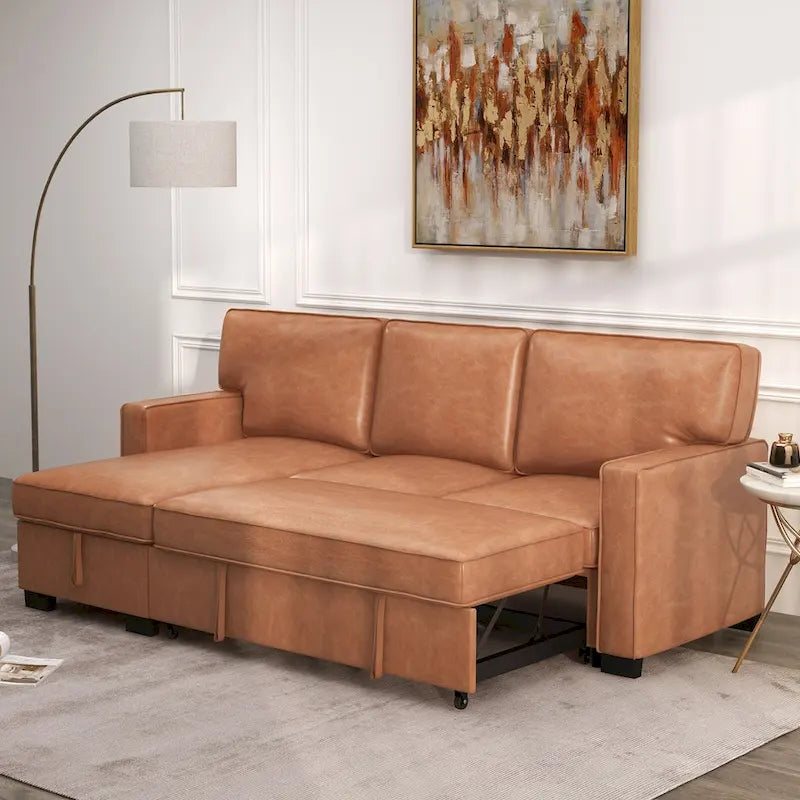 Pull Out Couch Futon Bed with USB Ports and Cup Holders ,Sectional Sofa with Storage Chaise