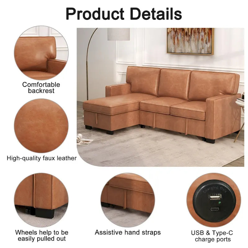 Pull Out Couch Futon Bed with USB Ports and Cup Holders ,Sectional Sofa with Storage Chaise
