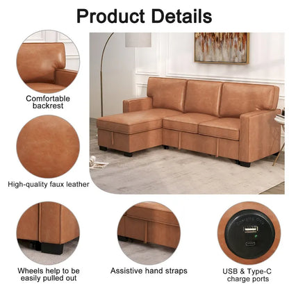 Pull Out Couch Futon Bed with USB Ports and Cup Holders ,Sectional Sofa with Storage Chaise