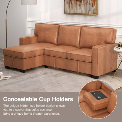 Pull Out Couch Futon Bed with USB Ports and Cup Holders ,Sectional Sofa with Storage Chaise