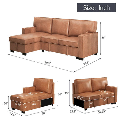 Pull Out Couch Futon Bed with USB Ports and Cup Holders ,Sectional Sofa with Storage Chaise