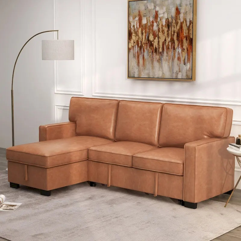 Pull Out Couch Futon Bed with USB Ports and Cup Holders ,Sectional Sofa with Storage Chaise