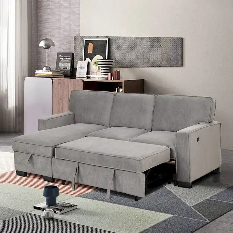 Pull Out Couch Futon Bed with USB Ports and Cup Holders ,Sectional Sofa with Storage Chaise