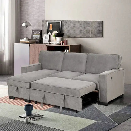 Pull Out Couch Futon Bed with USB Ports and Cup Holders ,Sectional Sofa with Storage Chaise