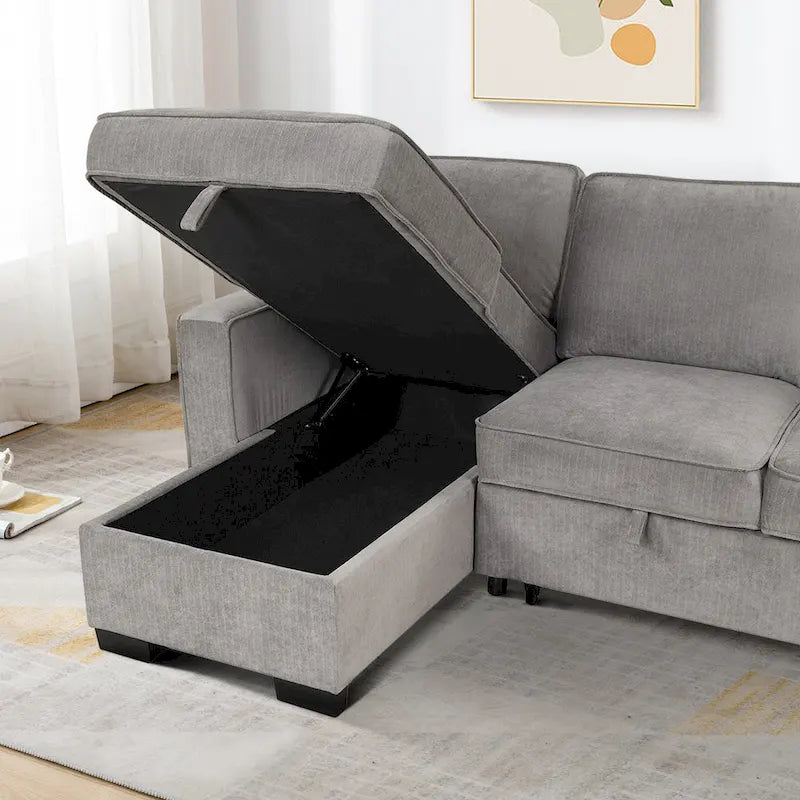 Pull Out Couch Futon Bed with USB Ports and Cup Holders ,Sectional Sofa with Storage Chaise