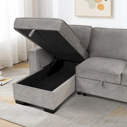 Pull Out Couch Futon Bed with USB Ports and Cup Holders ,Sectional Sofa with Storage Chaise