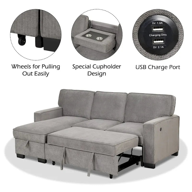 Pull Out Couch Futon Bed with USB Ports and Cup Holders ,Sectional Sofa with Storage Chaise