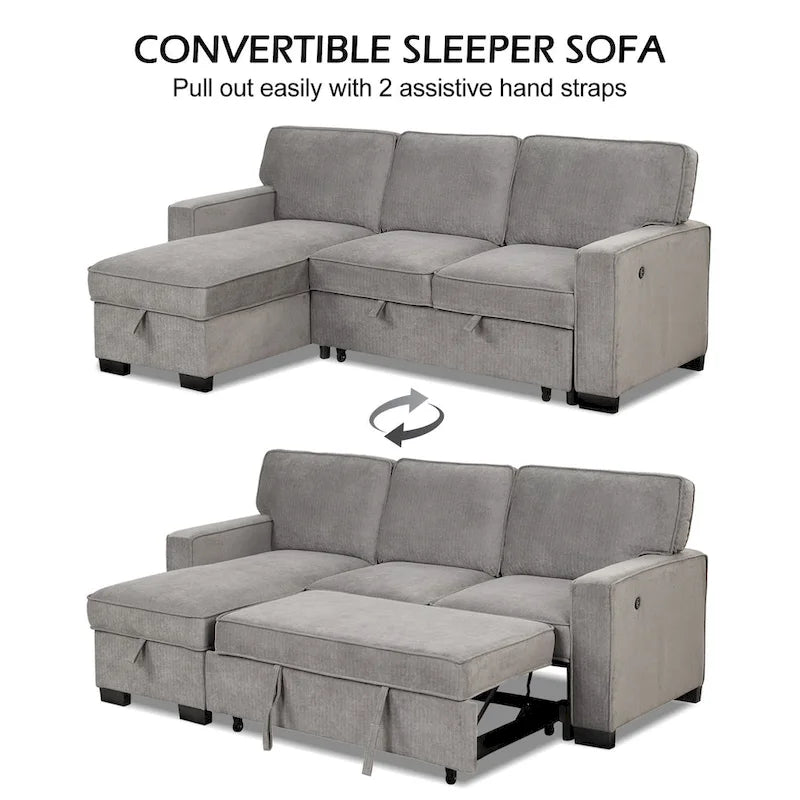 Pull Out Couch Futon Bed with USB Ports and Cup Holders ,Sectional Sofa with Storage Chaise