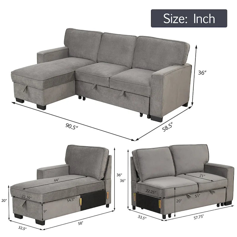 Pull Out Couch Futon Bed with USB Ports and Cup Holders ,Sectional Sofa with Storage Chaise