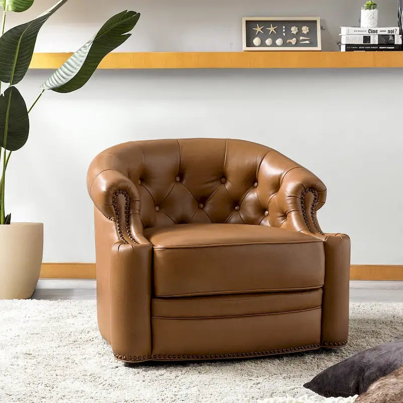 Felipe Modern Genuine Leather Swivel Chair With Tufted Back By HULALA HOME