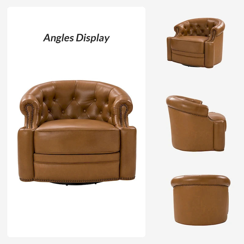 Felipe Modern Genuine Leather Swivel Chair With Tufted Back By HULALA HOME