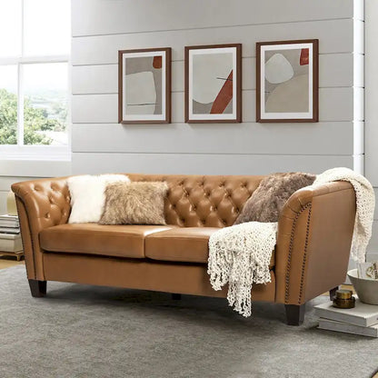 Regina 82.5 Tufted Genuine Leather Sofa Couch for Living Room By HULALA HOME