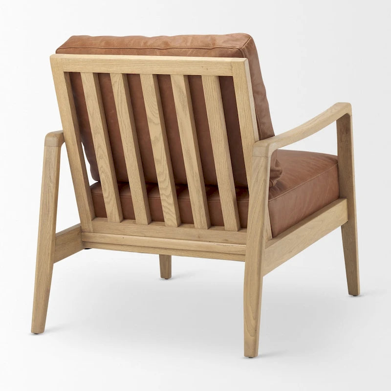 Raeleigh Cognac Brown Genuine Leather w/ Light Brown Solid Beechwood Frame Accent Chair - 27.9W x 34D x 34.4H