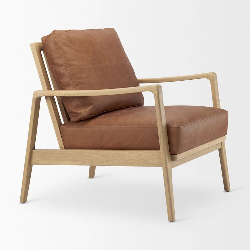 Raeleigh Cognac Brown Genuine Leather w/ Light Brown Solid Beechwood Frame Accent Chair - 27.9W x 34D x 34.4H