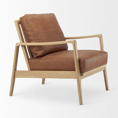 Raeleigh Cognac Brown Genuine Leather w/ Light Brown Solid Beechwood Frame Accent Chair - 27.9W x 34D x 34.4H