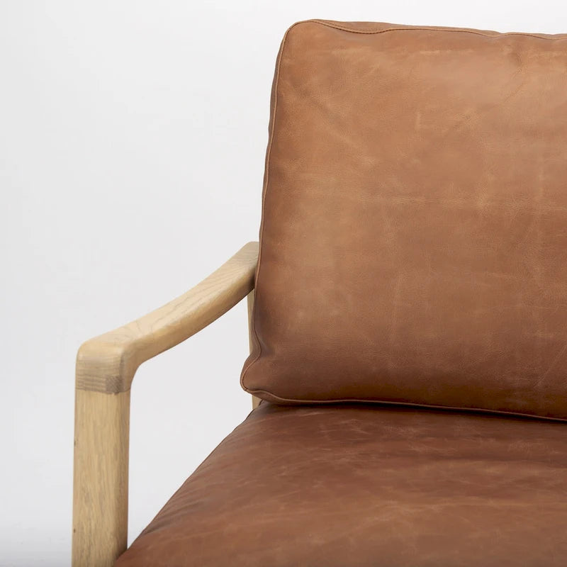 Raeleigh Cognac Brown Genuine Leather w/ Light Brown Solid Beechwood Frame Accent Chair - 27.9W x 34D x 34.4H