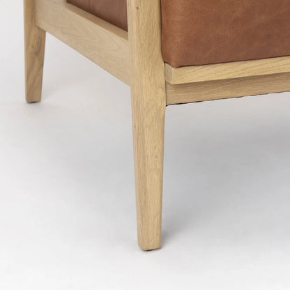 Raeleigh Cognac Brown Genuine Leather w/ Light Brown Solid Beechwood Frame Accent Chair - 27.9W x 34D x 34.4H