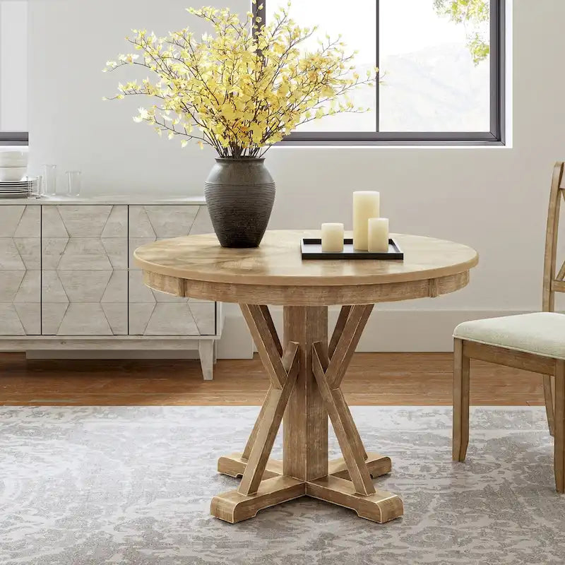 Felicia Farmhouse Natural Solid Wood Round Cross-buck Base Dining Table for 4 by HULALA HOME