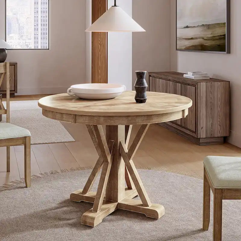 Felicia Farmhouse Natural Solid Wood Round Cross-buck Base Dining Table for 4 by HULALA HOME