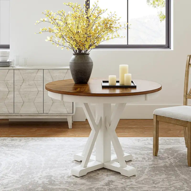 Felicia Farmhouse Natural Solid Wood Round Cross-buck Base Dining Table for 4 by HULALA HOME
