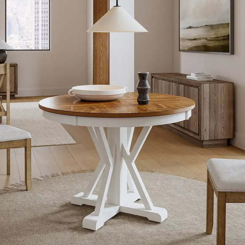 Felicia Farmhouse Natural Solid Wood Round Cross-buck Base Dining Table for 4 by HULALA HOME