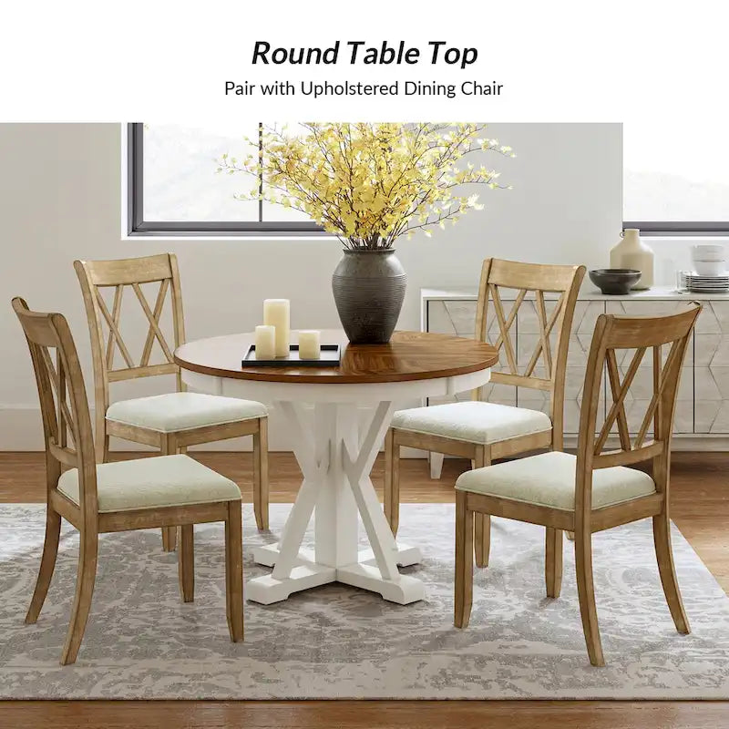 Felicia Farmhouse Natural Solid Wood Round Cross-buck Base Dining Table for 4 by HULALA HOME