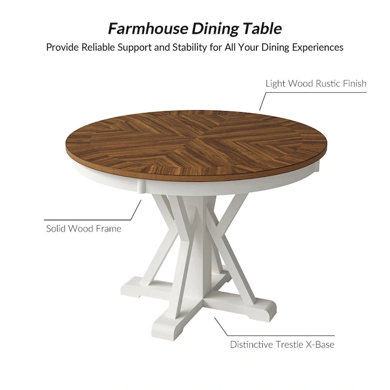 Felicia Farmhouse Natural Solid Wood Round Cross-buck Base Dining Table for 4 by HULALA HOME