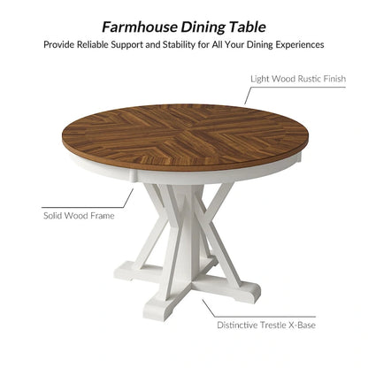 Felicia Farmhouse Natural Solid Wood Round Cross-buck Base Dining Table for 4 by HULALA HOME