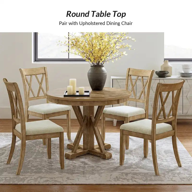 Felicia Farmhouse Natural Solid Wood Round Cross-buck Base Dining Table for 4 by HULALA HOME