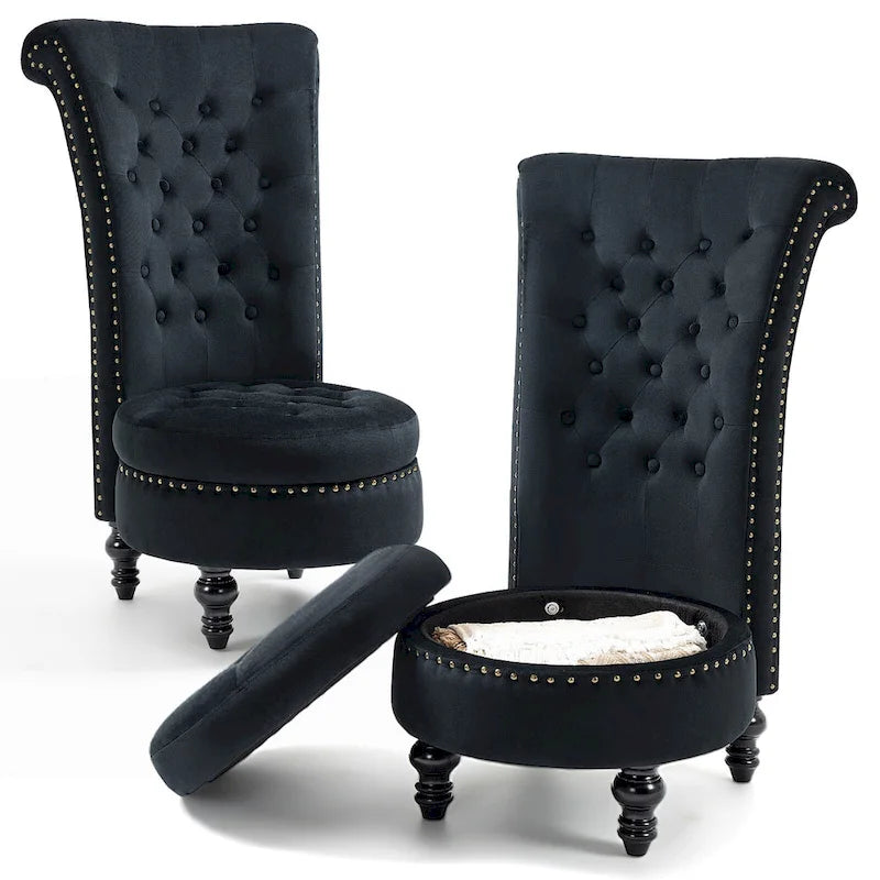 AVAWING Set of 2 High Back Throne Chair Velvet Armless Royal Accent Chair with Storage