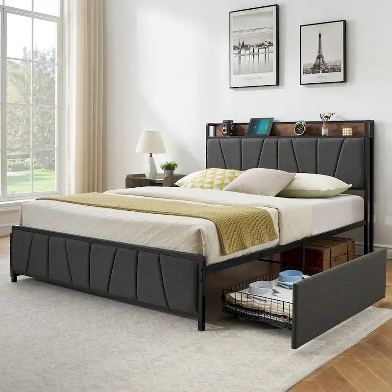 Upholstered Platform Bed Frame with Storage Headboard and Charging Station