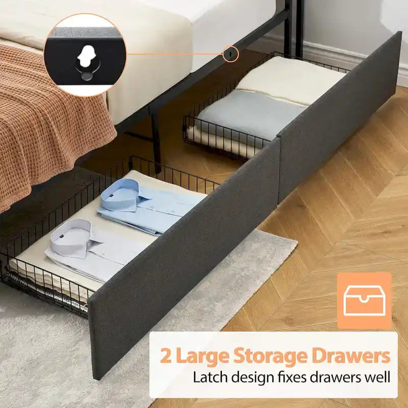 Upholstered Platform Bed Frame with Storage Headboard and Charging Station